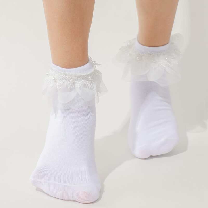 

Pearl Decor Ruffle Hem Socks, White
