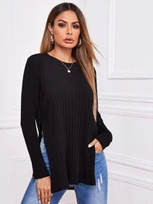 SHEIN Ribbed Split Side Longline Tee - Black - View 1