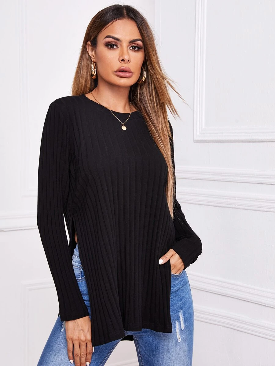 SHEIN Ribbed Split Side Longline Tee - Black - View 1