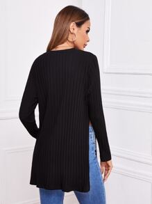 SHEIN Ribbed Split Side Longline Tee - Black - View 2
