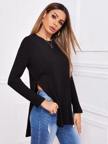 SHEIN Ribbed Split Side Longline Tee - Black - View 4