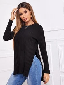 SHEIN Ribbed Split Side Longline Tee - Black - View 5