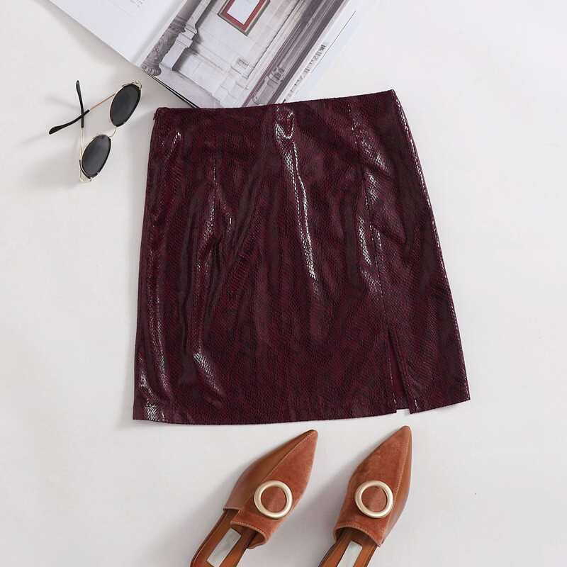 

Snakeskin Print Leather Look Skirt, Maroon