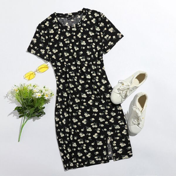 

Split Hem Daisy Floral Bodycon Dress, Black
