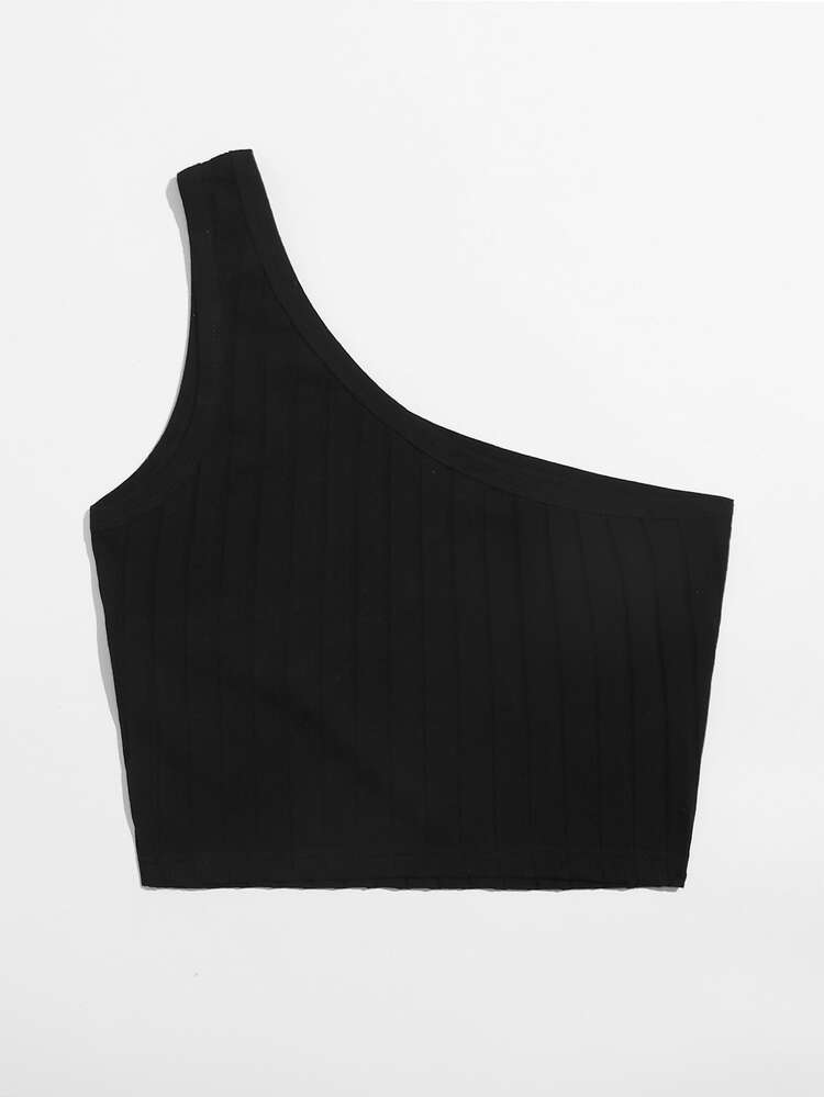 SHEIN EZwear One Shoulder Rib-knit Crop Top - Black - View 2