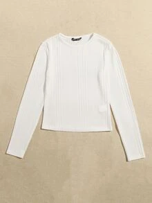 SHEIN EZwear 素色羅紋針織T恤 - 白色 - 查看 3