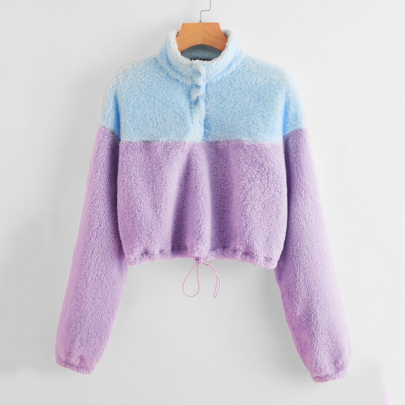 

Two Tone Drawstring Hem Flannel Pullover, Multicolor