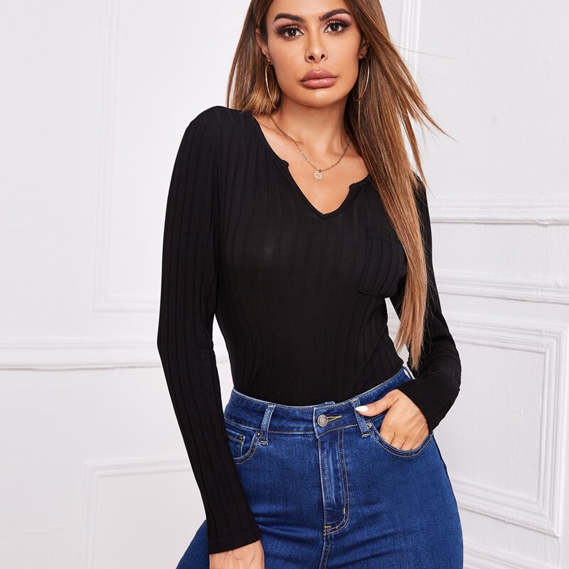 

Notch Neck Patch Pocket Rib-knit Tee, Black