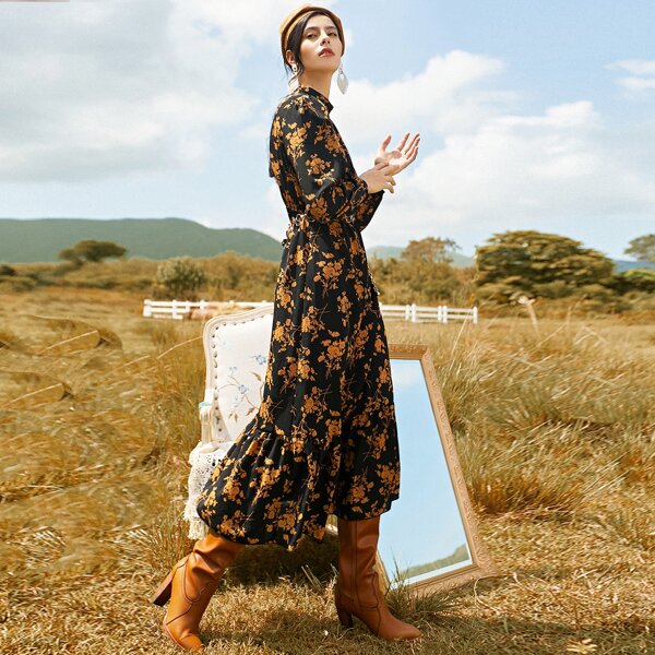 

Allover Floral Mock Neck A-line Dress Without Belted, Multicolor
