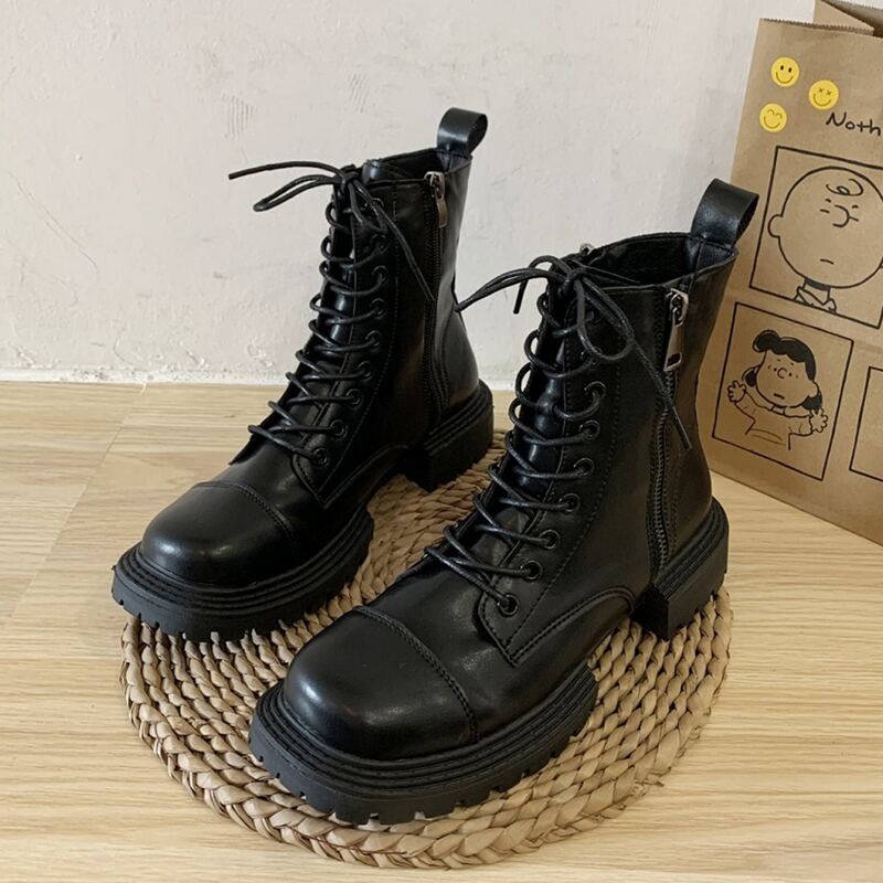 

Zip Side Lace-up Combat Boots, Black