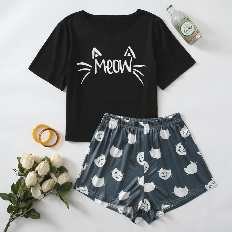 

Cartoon And Letter Graphic Pajama Set, Multicolor