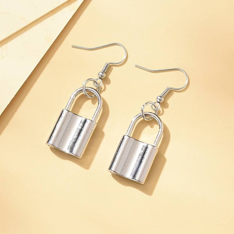 

Lock Shaped Drop Earrings, Silver