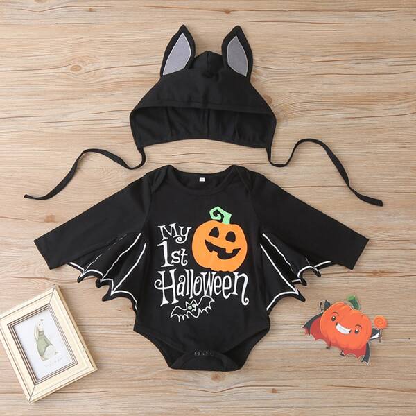 

Baby Boy Halloween And Slogan Graphic Batman Cosplay Bodysuit & Hat, Black
