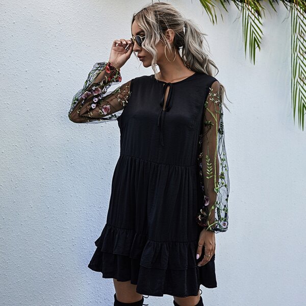 

Plants Embroidered Mesh Sleeve Tie Neck Babydoll Dress, Black