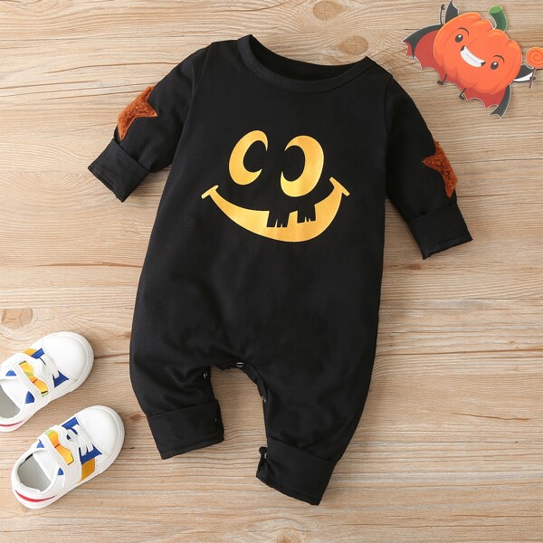 

Baby Boy Star Patched Smiley Print Jumpsuit, Black
