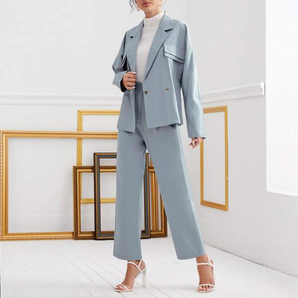 

Popper Button Blazer With Tailor Pants, Dusty blue