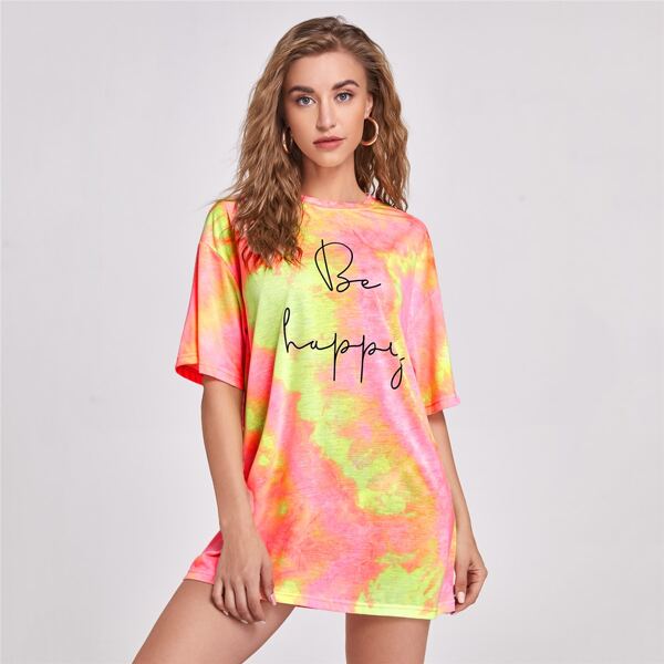 

Drop Shoulder Letter Graphic Tie Dye Tee, Multicolor
