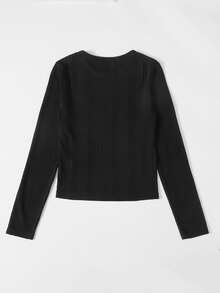 SHEIN EZwear 羅紋針織素色上衣 - 黑色 - 查看 2