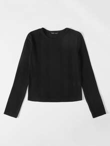 SHEIN EZwear 羅紋針織素色上衣 - 黑色 - 查看 3