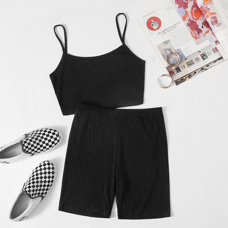 

Solid Cami Top & Biker Shorts Set, Black