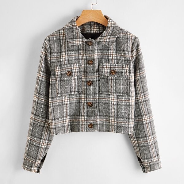 

Flap Pocket Plaid Button Front Jacket, Grey