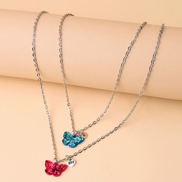 

2pcs Butterfly Charm Necklace, Multicolor