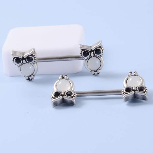

2pcs Men Owl Design Barbell Nipple Ring, Silver