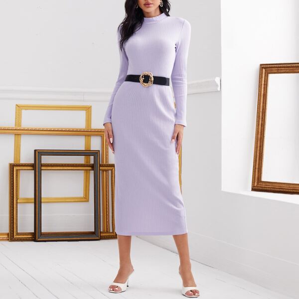 

Mock Neck Split Back Rib-knit Dress Without Belted, Lilac purple