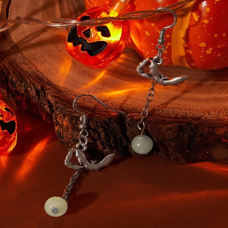 

Bat & Luminous Beads Decor Drop Earrings, Silver
