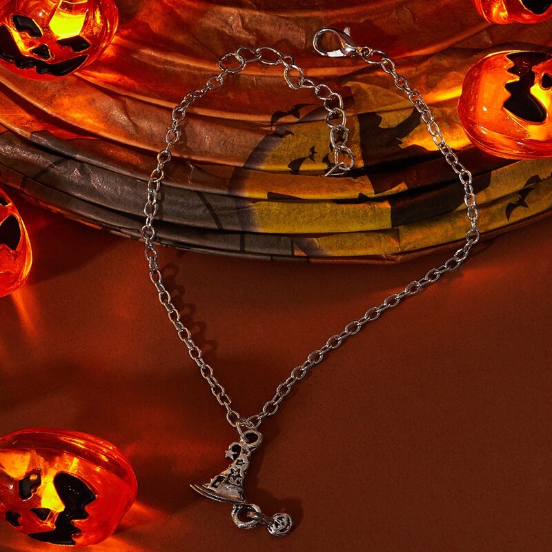 

Halloween Hat & Pumpkin Decor Anklet, Silver