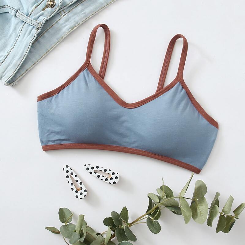 

1pc Contrast Binding Bralette, Dusty blue