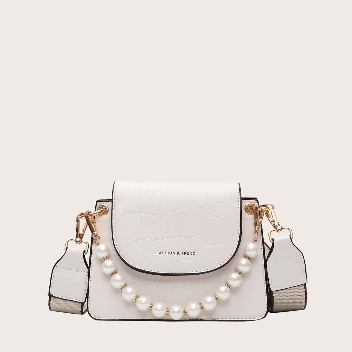 

Faux Pearl Decor Croc Embossed Satchel Bag, White