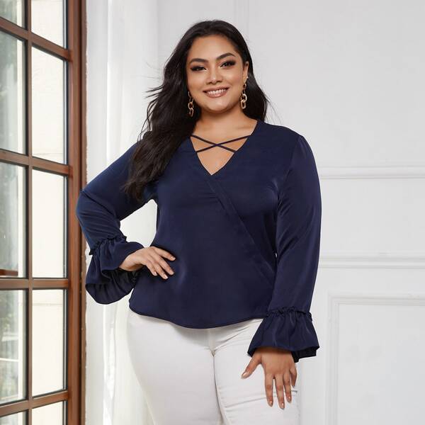 

Plus Flounce Sleeve Crisscross Neck Blouse, Navy blue