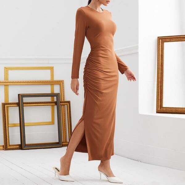 

Ruched Side Split Hem Fitted Dress, Brown
