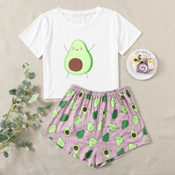 

Cartoon Graphic Tee & Shorts Pajama Set, Multicolor