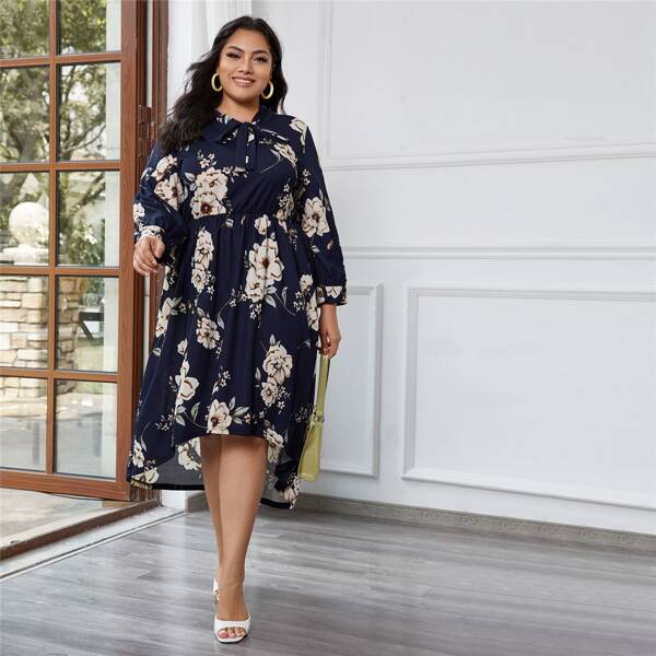 

Plus Tie Neck Floral Print Asymmetrical Hem Dress, Navy blue