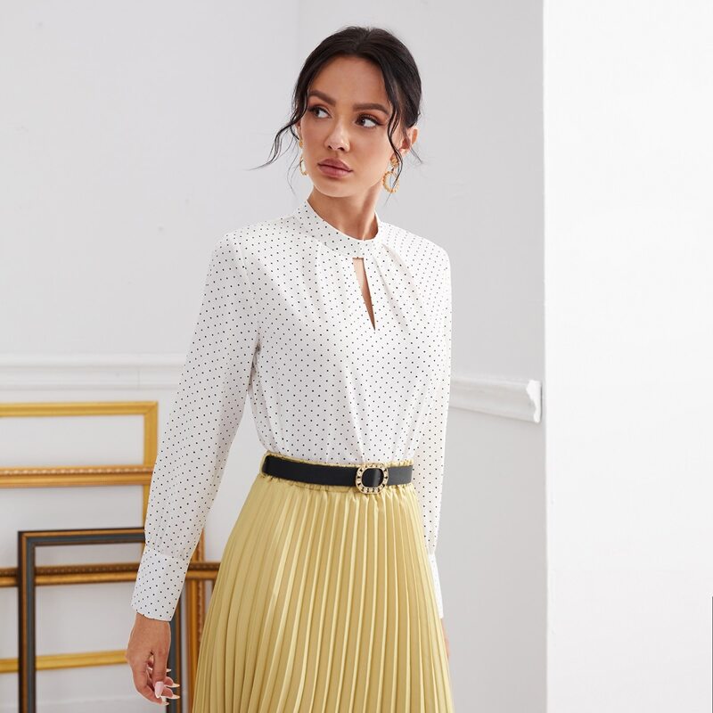 

Polka Dot Peekaboo Button Blouse, White