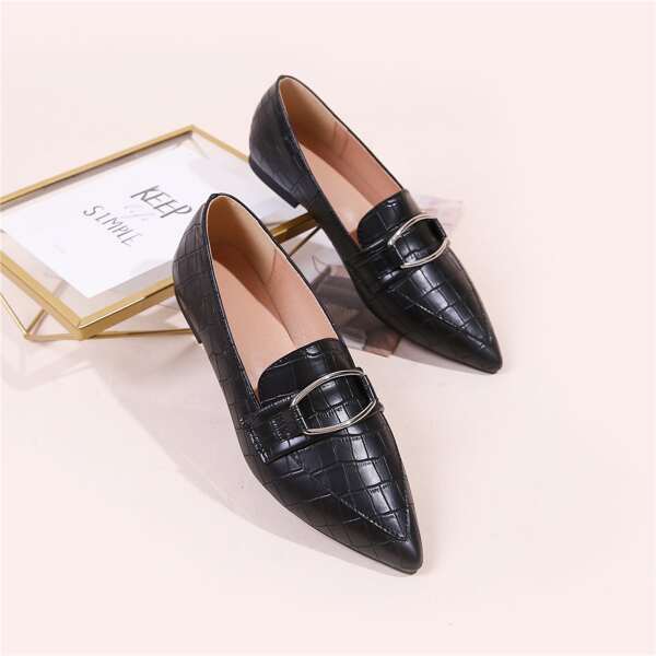 

Metal Decor Croc Embossed Loafers, Black