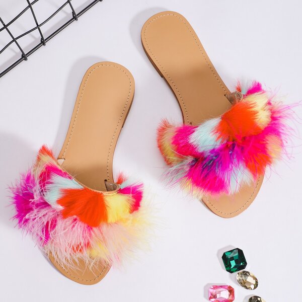 

Colorblock Faux Feather Slide Sandals, Multicolor