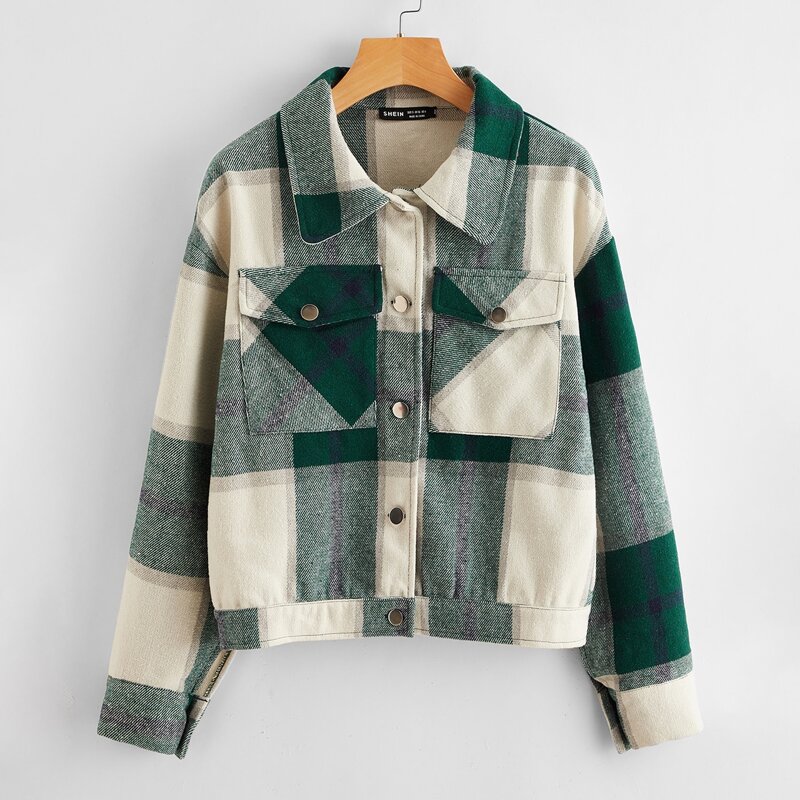

Button Front Patch Pocket Plaid Jacket, Multicolor