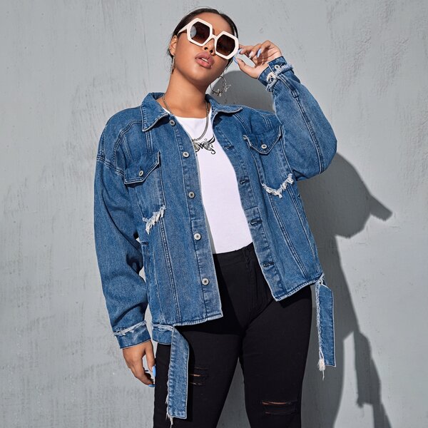 

Plus Mid Wash Cut Strap Hem Denim Jacket, Medium wash