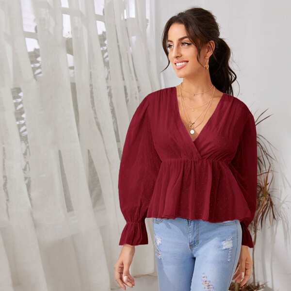 

Surplice Neck Swiss Dot Ruffle Top, Burgundy