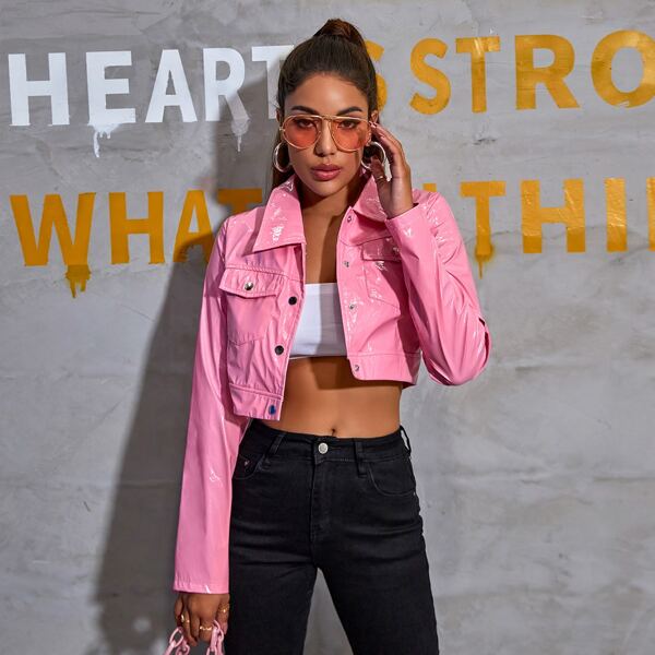

Button Front Patch Pocket PU Leather Jacket, Pink
