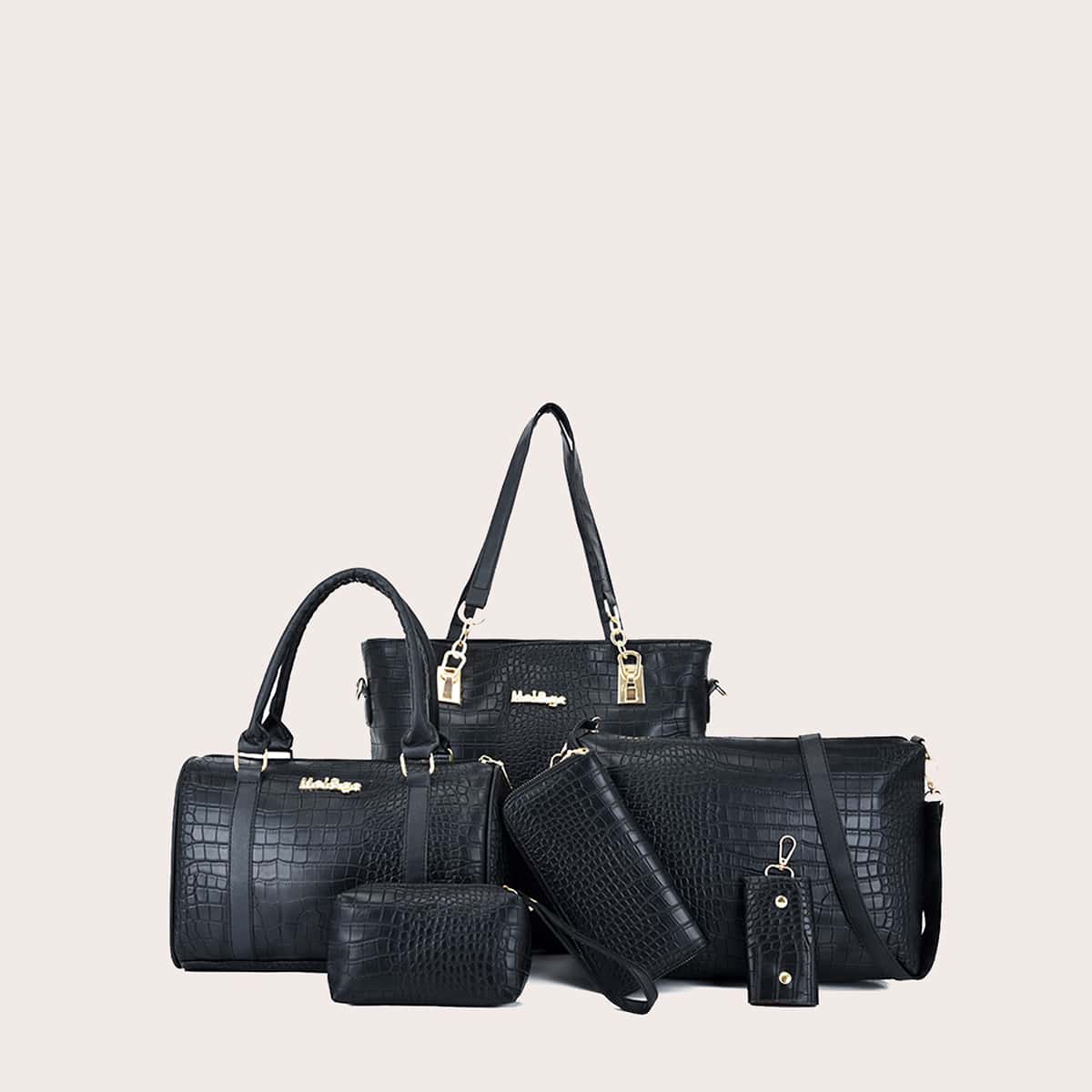 

6pcs Croc Embossed Tote Bag Set, Black