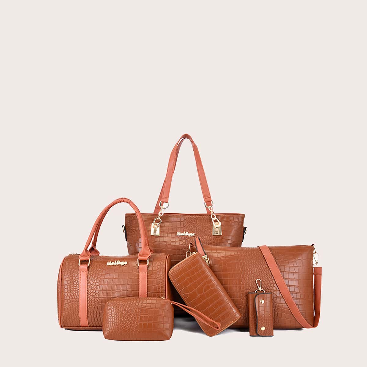 

6pcs Croc Embossed Tote Bag Set, Brown