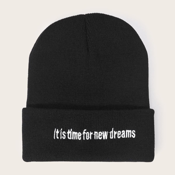 

Men Slogan Embroidered Beanie, Black