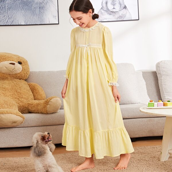 

Girls Lace Trim Bow Detail Buttoned Front Nightdress, Yellow pastel