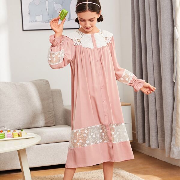 

Girls Collar Ruffle Cuff Embroidered Mesh Nightdress, Dusty pink