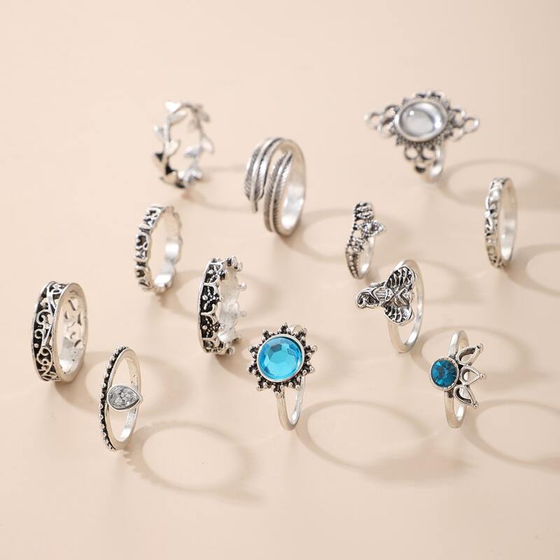 

12pcs Rhinestone Engraved Elephant Rings, Silver