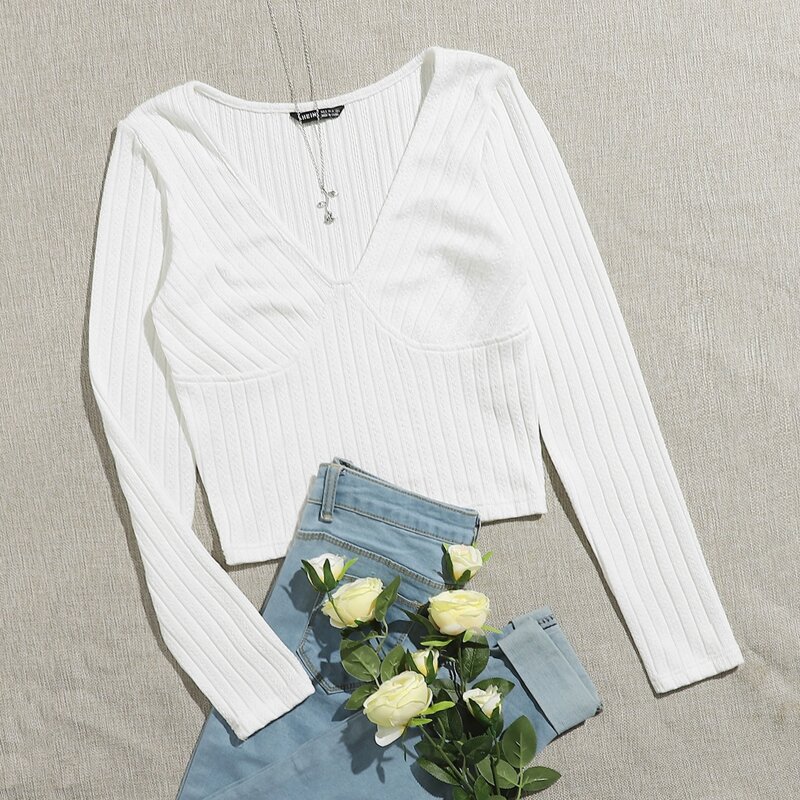 

Solid Rib-knit Crop Tee, White